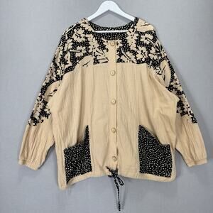 Vintage Produce Company Jacket Womens 3X Beige Patchwork Polka Dot Shacket Boho
